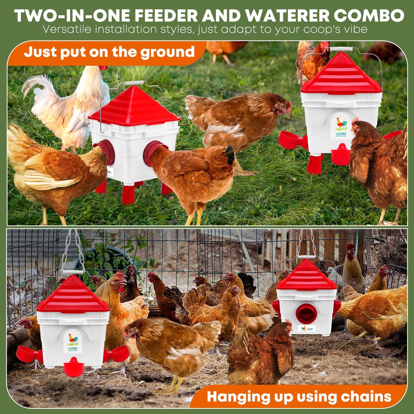 Lilyang Standing Chicken Feeders and Chicken Waterers, 2.5 Gallon Chicken Water Feeder with 4 Cups, 13.5 lb Automatic Chicken Feeder No Waste, for 8-10 Adult Chickens or 10-15 Quails (Standing)