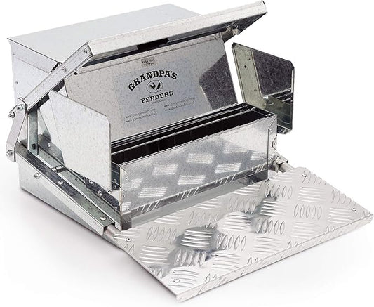 Grandpas Feeders Automatic Chicken Feeder - Heavy-Duty Galvanized Steel with Weatherproof Lid - No-Waste Poultry Feeder, Rat Proof, Spill Proof, Standard Size for 6-12 Chickens 10 Days (20lb Feed)