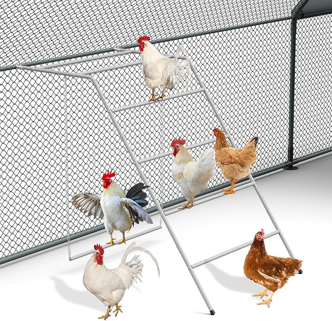 Chicken Coop Perches with Swing, Metal Chicken Roosting Bars, Chicken Run Toys Accessories for Backyard Poultry Habitat Supplies, Hen Perch for Coop, Farm Chick Ladder, Grey