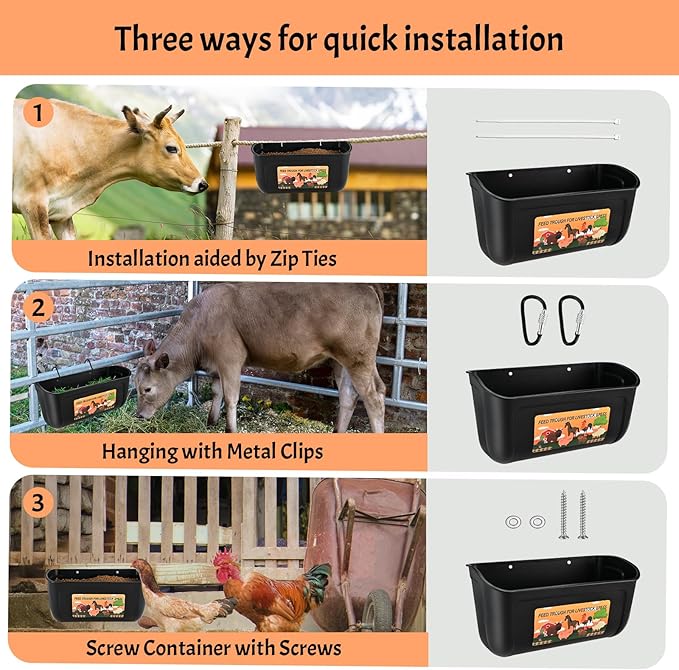 3 Pack Hanging Chicken Feeder Waterer, Duck Feeder for Outside with Clips, Water Trough for Duck Goose Goat Pig Deer, Durable Poultry Feeding Water Container, Small