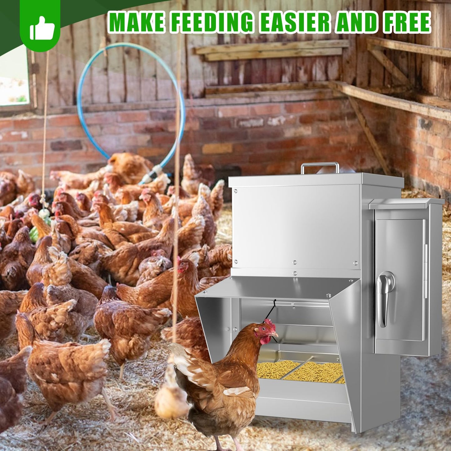ChiPak Automatic Chicken Feeder with Timer - 25LB Capacity Stainless Steel Poultry Trough Feeders W/ 4 Sets of Timer Settings,Weatherproof Chicken Food Dispenser for 6-12 Chickens