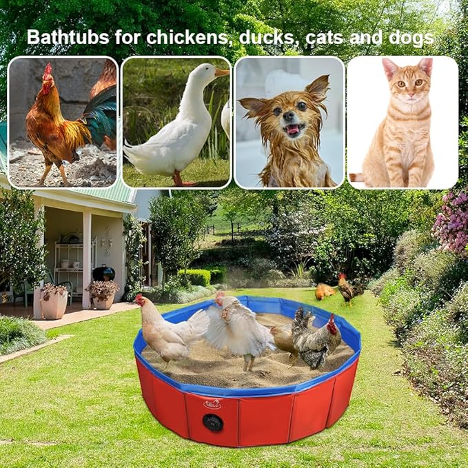 Chicken Dust Bath Tub, Foldable 33" Chicken Bath Dust PVC Pet Sand Bath Pool for Chickens, Ducks, Cats, Dogs, Quails for Farms, Chicken Coops Lime (Red)