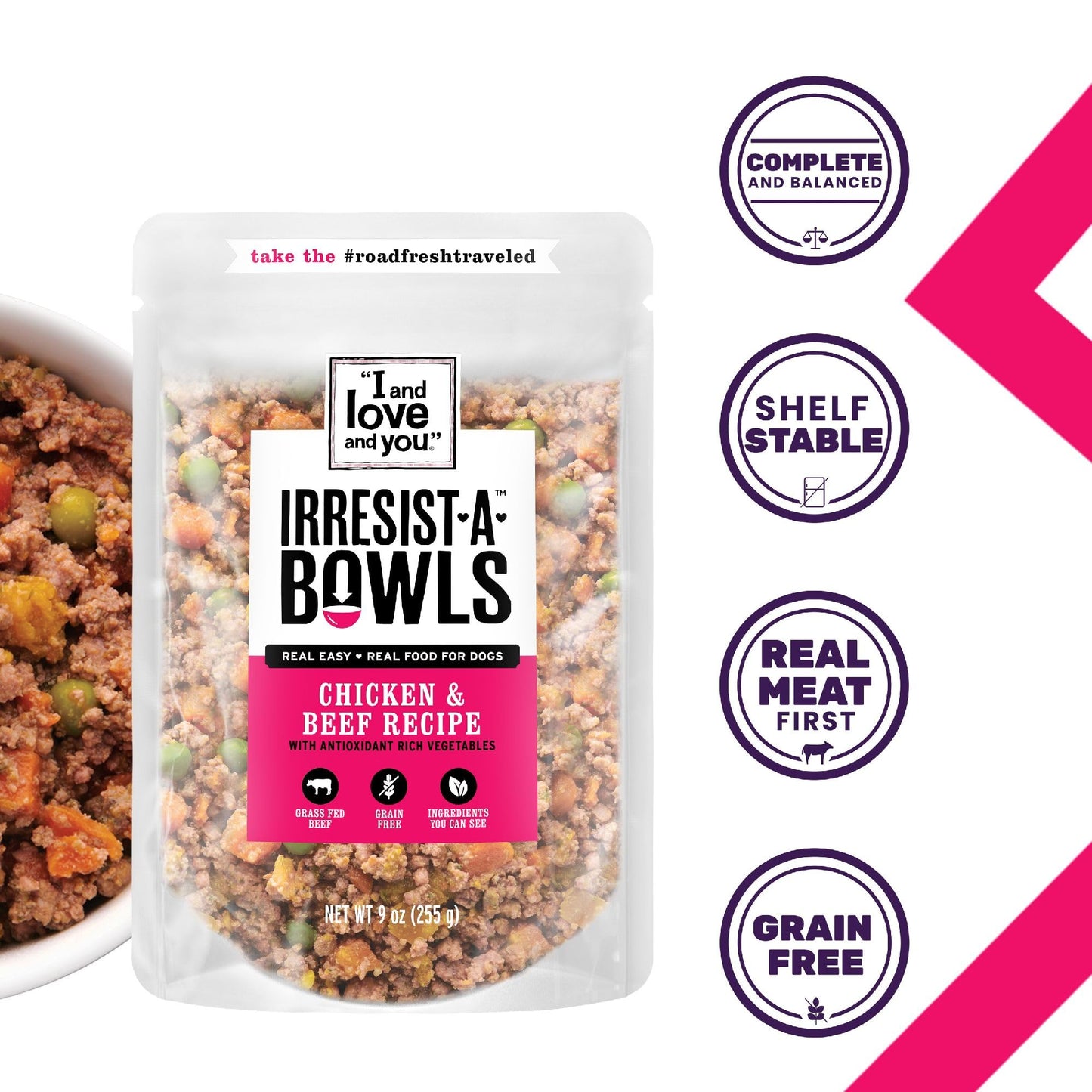 I AND LOVE AND YOU" Irresist-A-Bowls Wet Dog Food, Chicken and Duck Recipe, Ready to Serve, Grain Free, Real Meat, No Fillers, 9 oz Pouches, Pack of 4 Pouches, (Package May Vary)