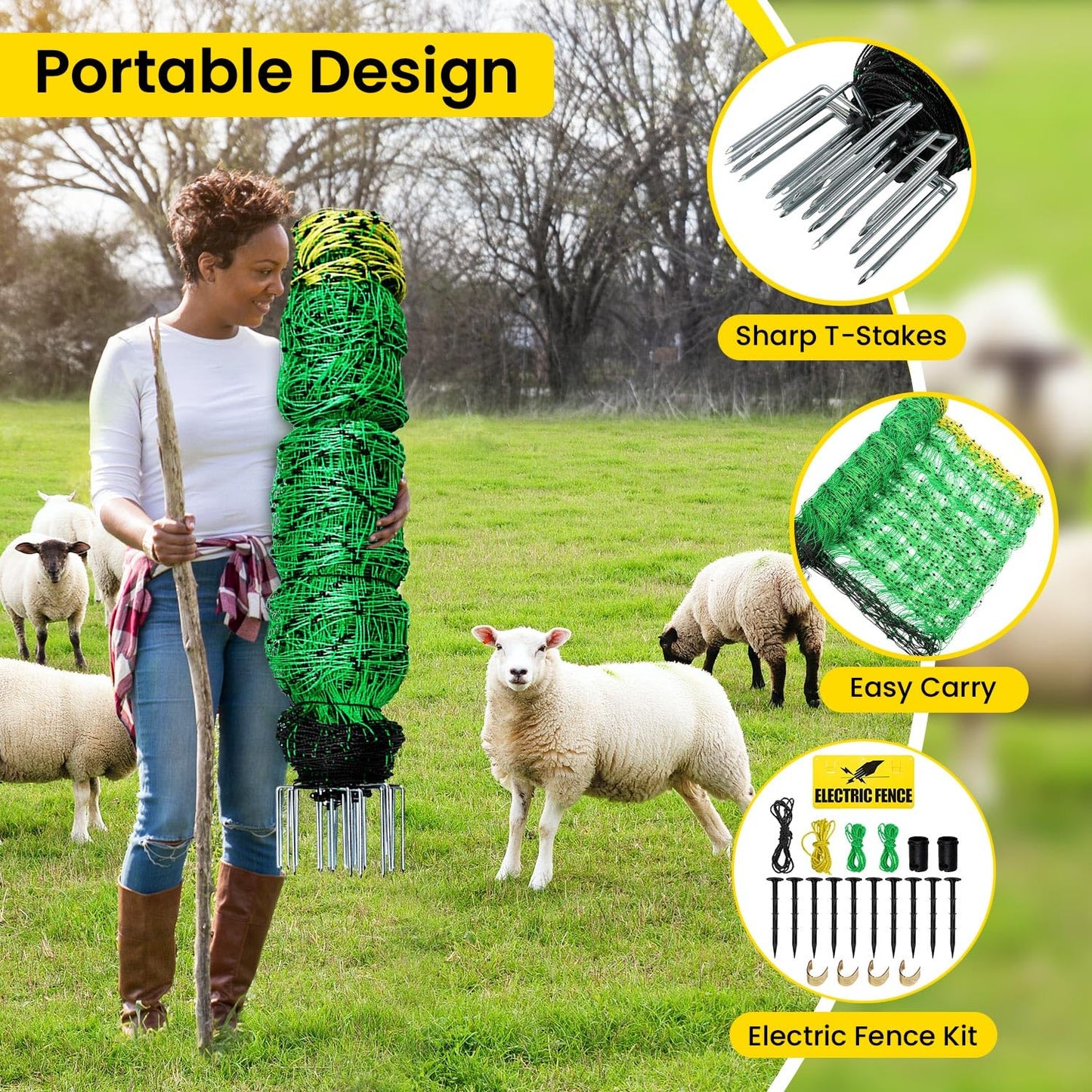 Electric Fence Netting, 164'L x 35.4" H Electric Anti-Predator Poultry Fence, PE Net Fencing Kit with 14 Posts Double Spiked, Movable Livestock Nets for Sheep, Hogs, Cattle and Other Poultry