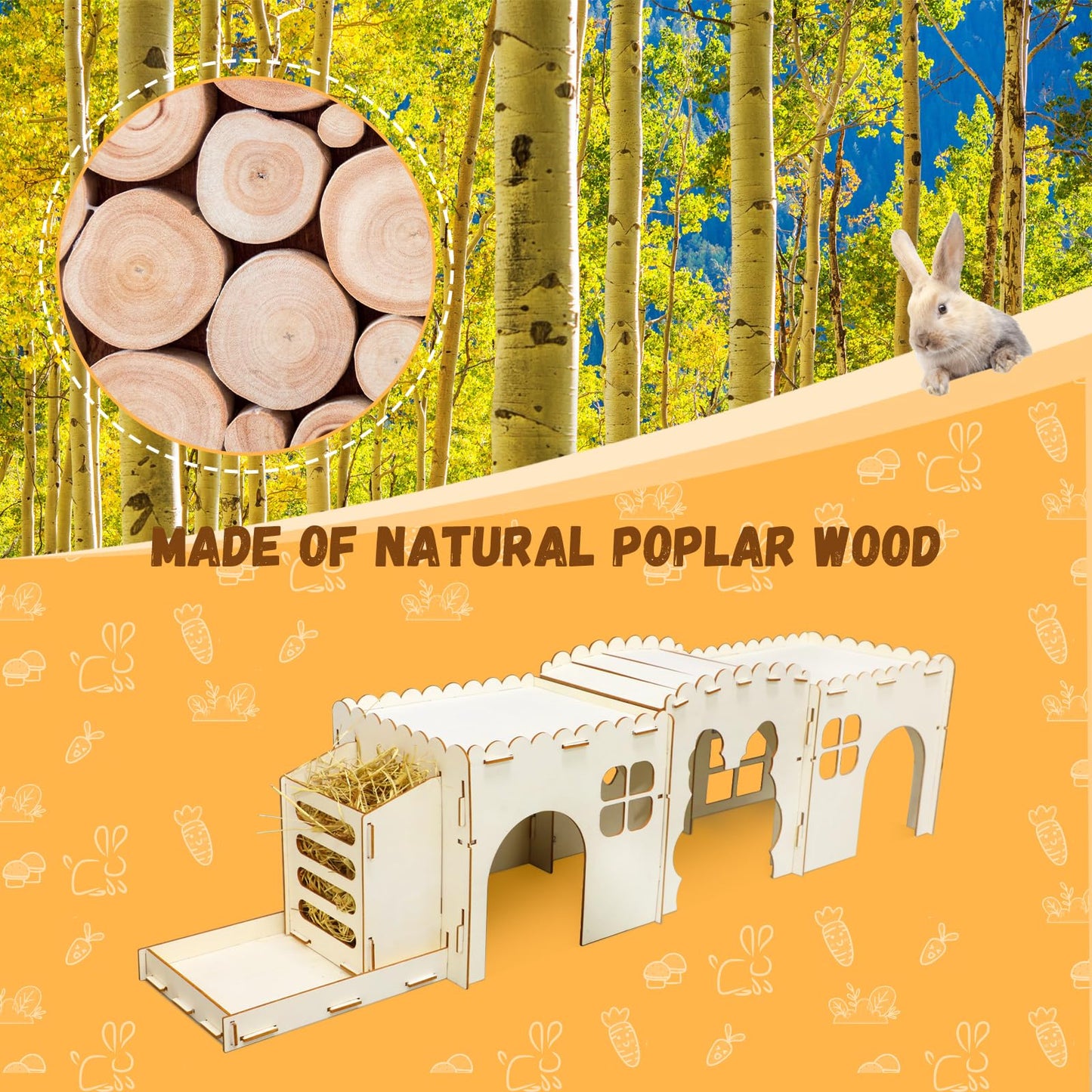 Midollarle Extra Large Wooden Rabbit Castle with 3 Houses, Wood Bunny House and Hideout with Grass Feeder,Indoor Rabbit Hideaway Hutch for Hamster Guinea Pig Chinchilla Ferret Small Animal Hut to Hide