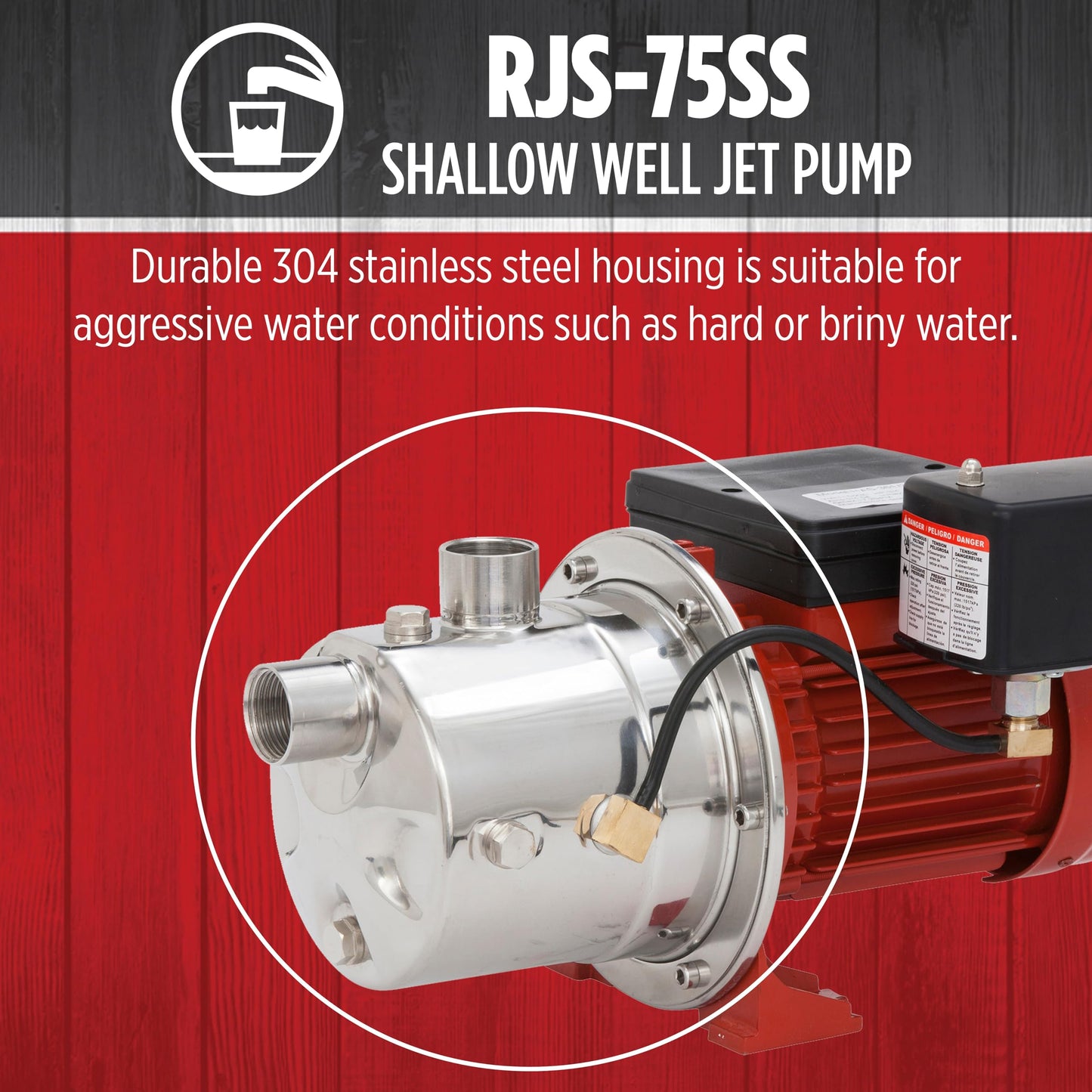 Red Lion RJS-75SS 115/230 Volt, 3/4 HP, 12.8 GPM Stainless Steel Shallow Well Jet Pump, Red, 97080702
