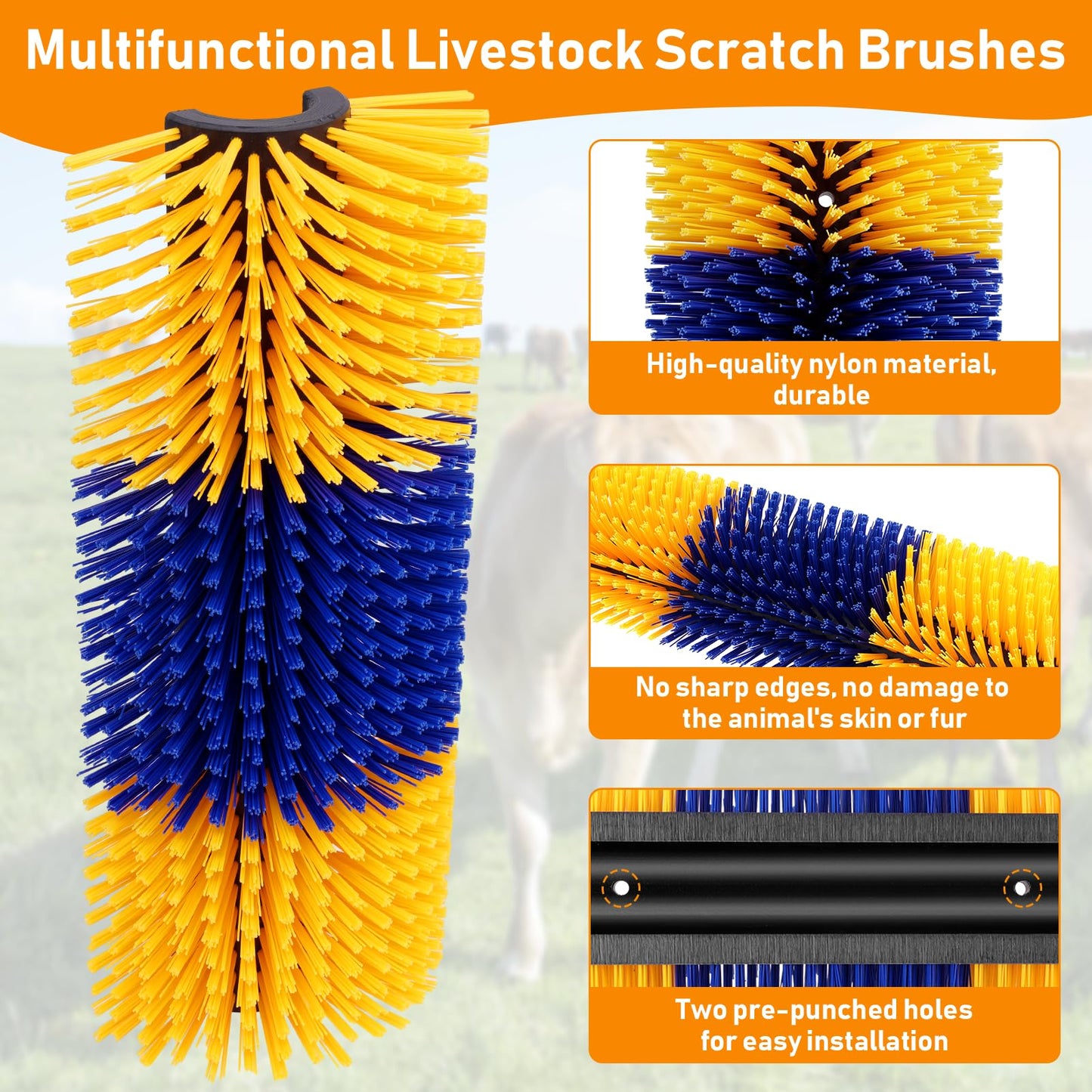 2PCS Livestock Scratch Brush with 4 Screws - Grooming Brushes for Horse, Goat, Cow, Pig - Cattle Supplies with Back Scratcher