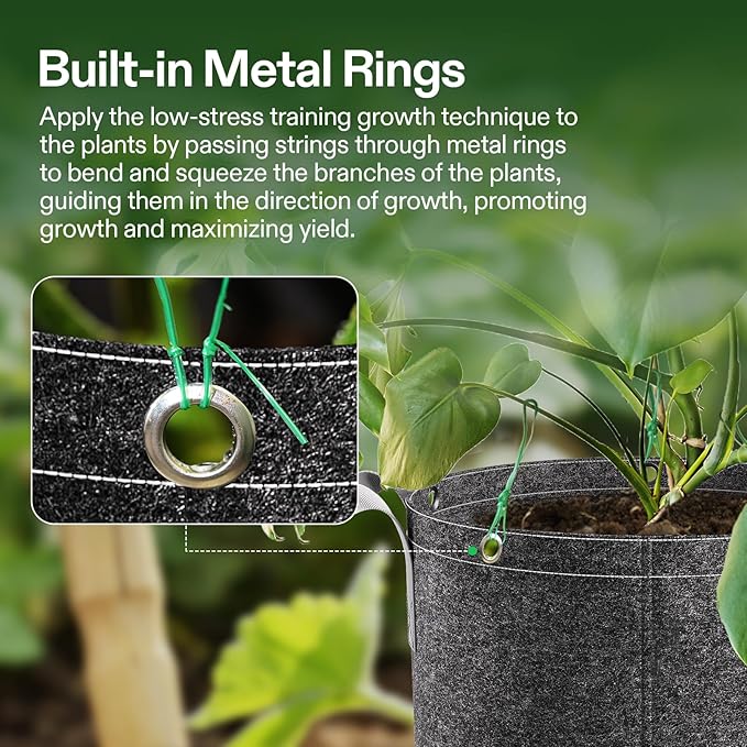 VIVOSUN 5-Pack 5 Gallon Grow Bags, 500G Thick Nonwoven Fabric Pots with Strap Handles, Multi-Purpose Rings, for Low Stress Plant Training Fruits, Vegetables, and Flowers