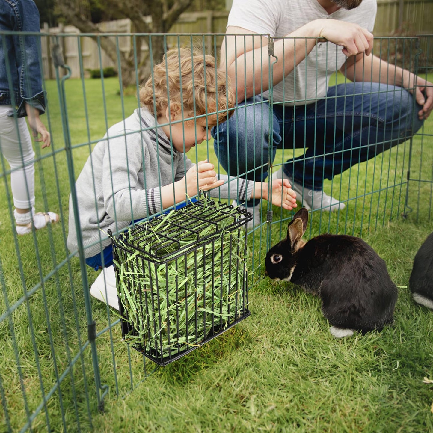 ANDOUNIER New Upgraded Rabbit Hay Feeder,Comes with Lid to Prevent Critters from Jumping in,Metal Frame Hay Rack with Adjustable Hook,for Rabbits Guinea Pigs Bunny Chinchillas Small Animals (Black)