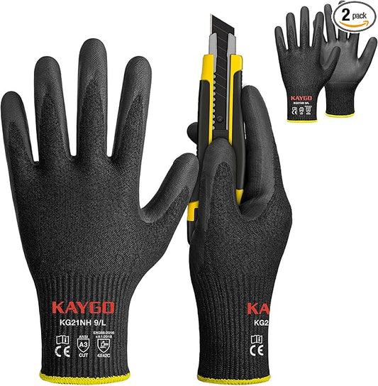 KAYGO Cut Resistant Gloves - Nitrile Micro-Foam Coated, Puncture Proof Safety Gloves for Work, Gardening, and Construction with Enhanced Grip | ANSI Cut Level A3 | KG21NB (Size L, 2 Pairs, Black)