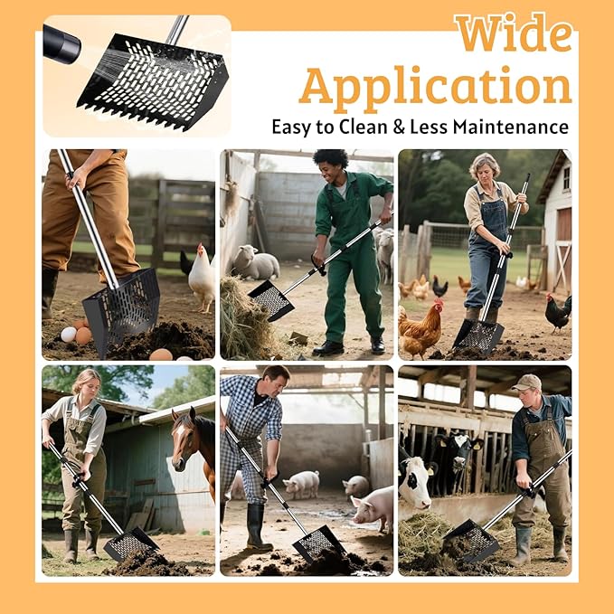 Metal Chicken Poop Scooper & Rake 2-in-1 Stainless Steel Shovel Head & Adjustable Handle with Ergonomic Grip Durable Sand Sifting Litter Shovel for Chicken Coops & Small Farm Animals