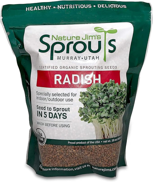 Nature Jims Radish Sprout Seeds – 16 Ounce Organic Sprouting Seeds – Non-GMO Premium Radish – Resealable Bag for Longer Freshness Rich in Vitamins, Minerals, Fiber
