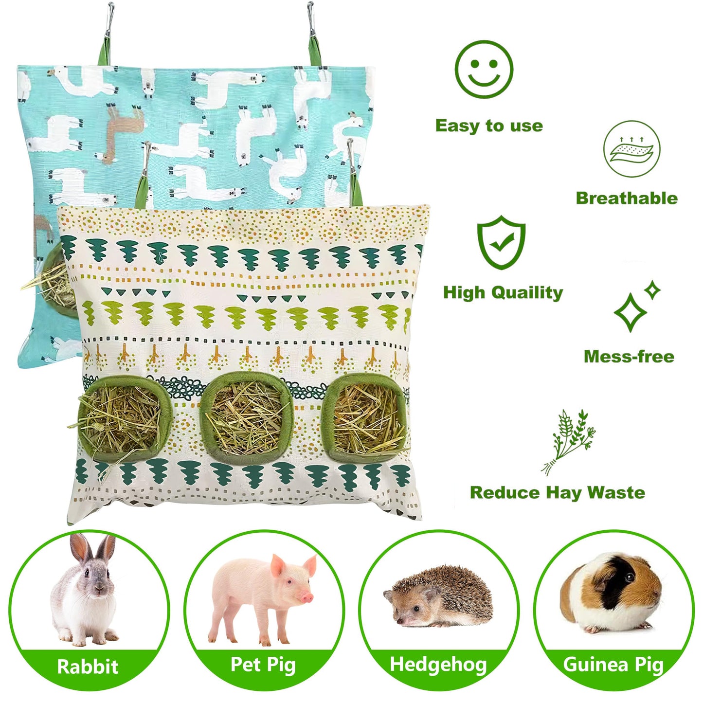 Lesnala 2pcs Bunny hay Feeder Hanging Guinea Pig Food Bag Large Capacity Cotton Canvas Fabric for Rabbits Chinchillas Hamsters and Other Small Pets 3 Holes 2 Styles