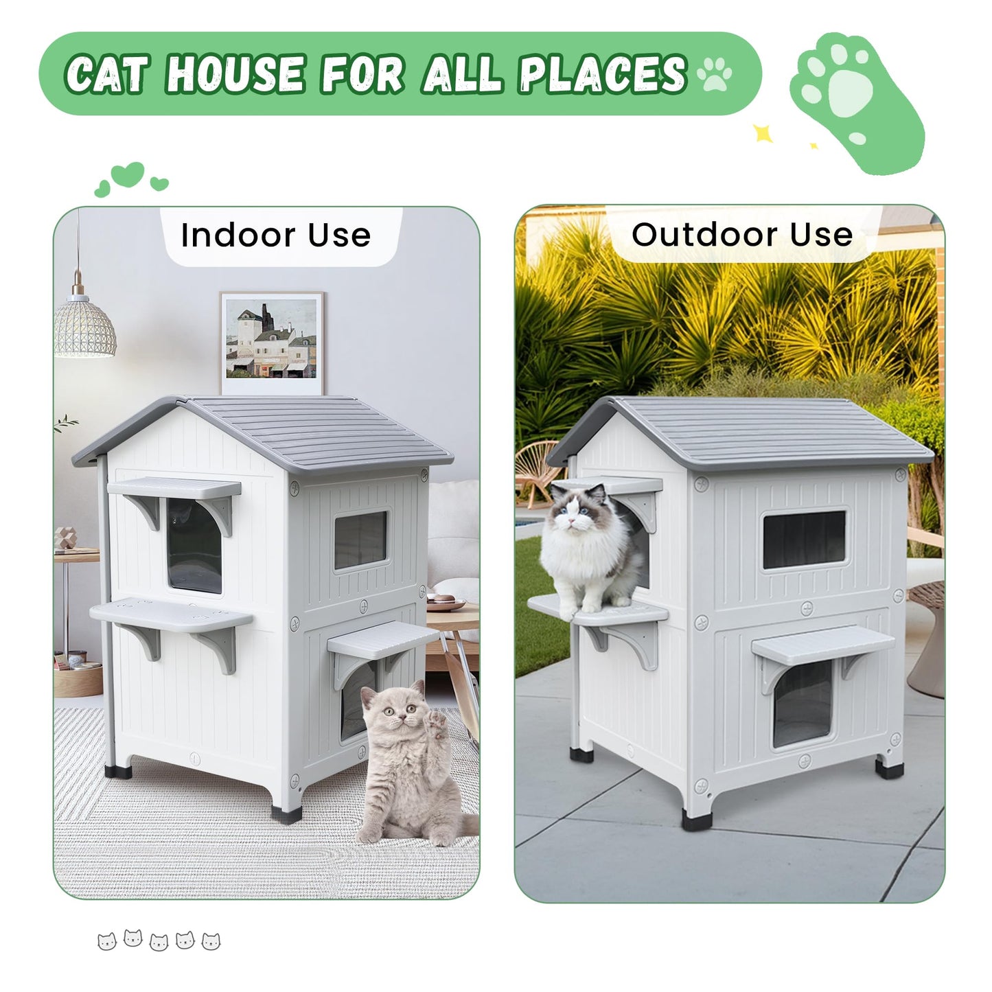 Insulated Outdoor Cat Houses - Waterproof 2 Story Cat House for Outside with Escape Door for Winter，Elevated Outdoor Cat House for Feral Stray Barn Cat Kitty