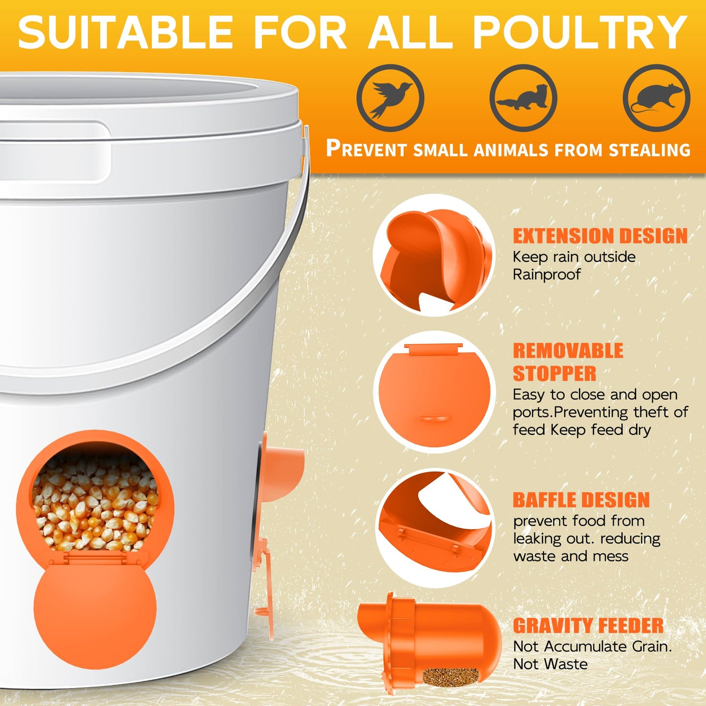 Chicken Feeder Port 8pcs Poultry No Waste Port Kit with Stopper Lid, 1 Hole Saw, DIY Automatic Reusable Coop Feeders, Rain Proof Gravity Feeding Geese Duck Hens Rooster for Bucket Barrel Bin (Orange)
