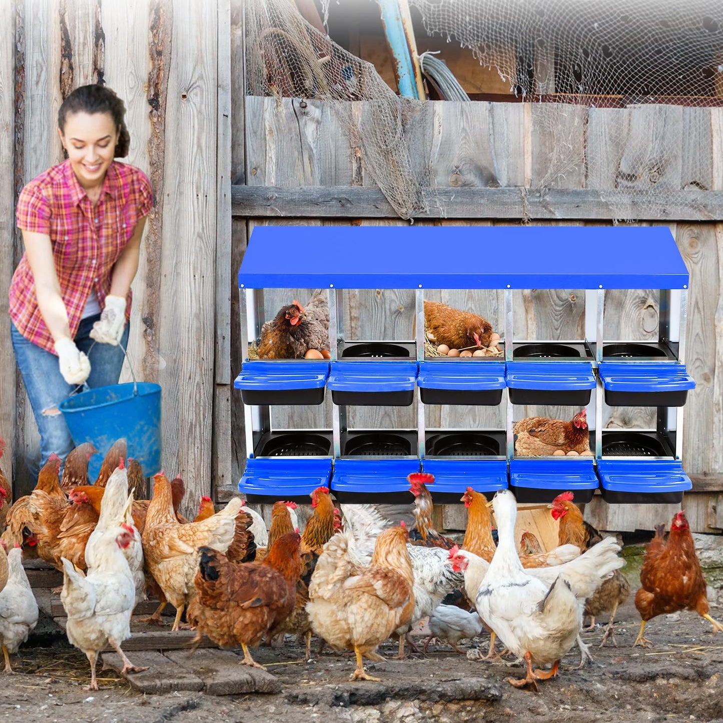 Chicken Nesting Box,10 Compartment Roll Away Nesting Box for Laying Eggs,Wall Mount Chicken Nesting Boxes,Easy Egg Collection,Cleanable Pull Out Hen Roosting Boxes 10 Hole