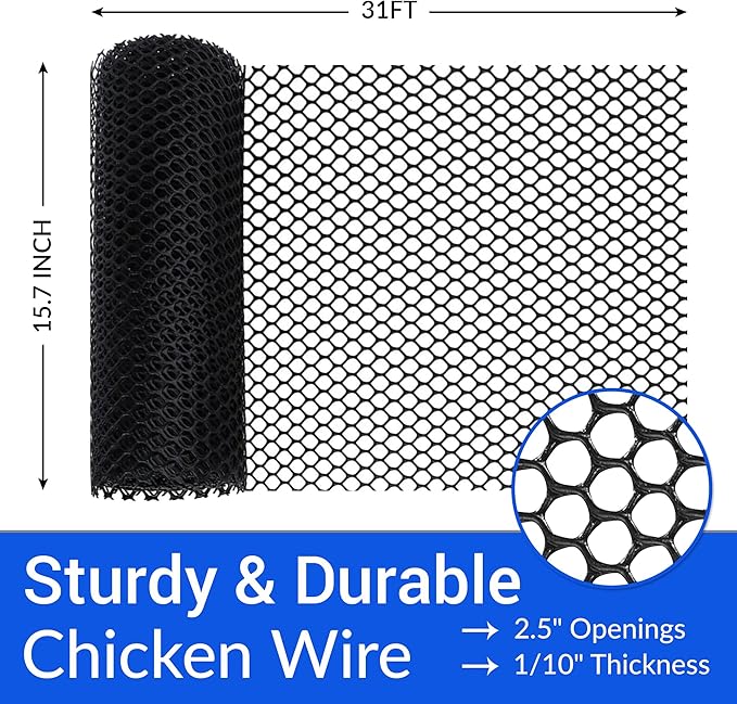 Plastic Wire Mesh Fence 15.7" x 31 ft – Chicken Wire Fencing for Dogs, Rabbits & Poultry – Snake Barrier & Fence for Balcony – Includes 30 Pegs & 20 Zip Ties – Durable, Weatherproof & Easy to Install