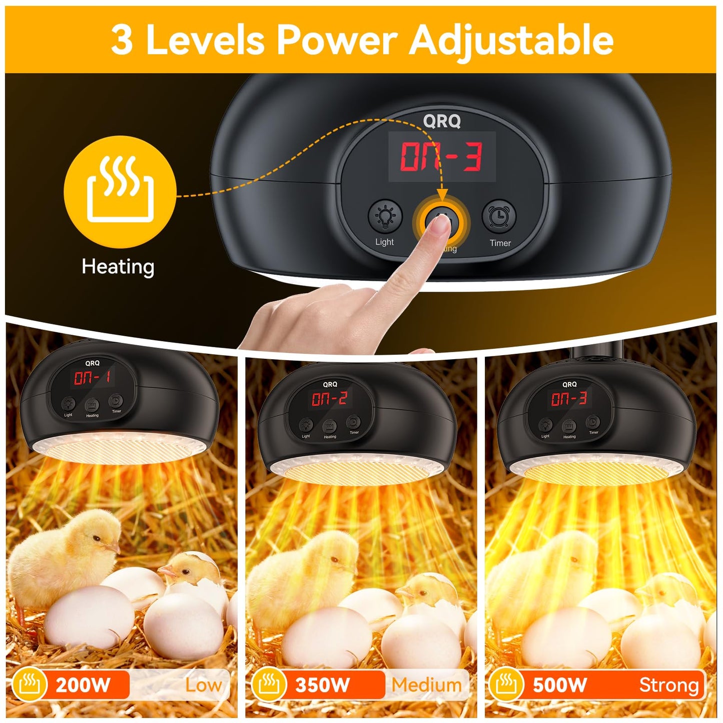 QRQ Chicken Coop Heater, 200W-350W-500W Reptile Heat Lamp with UVA UVB Dimmable Light 3-6-9-12H Timer, Chicken House Dog House Greenhouse Heater Outdoor,for Dog Cats Reptile Bird,Christmas Gifts