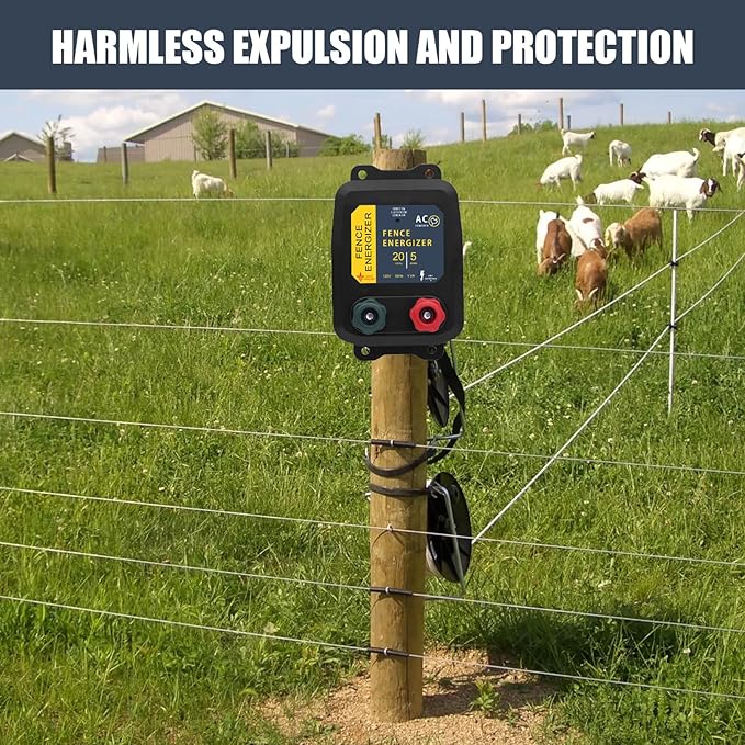 Electric Fence Energizer with 250 Ft 17 Gauge Aluminum Wire, 5 Miles/ 20 Acres 0.2 Joule Electric Fence Charger Plug-in Design for Preventing Raccoons, Livestock, Chicken Coops, Skunks intruding
