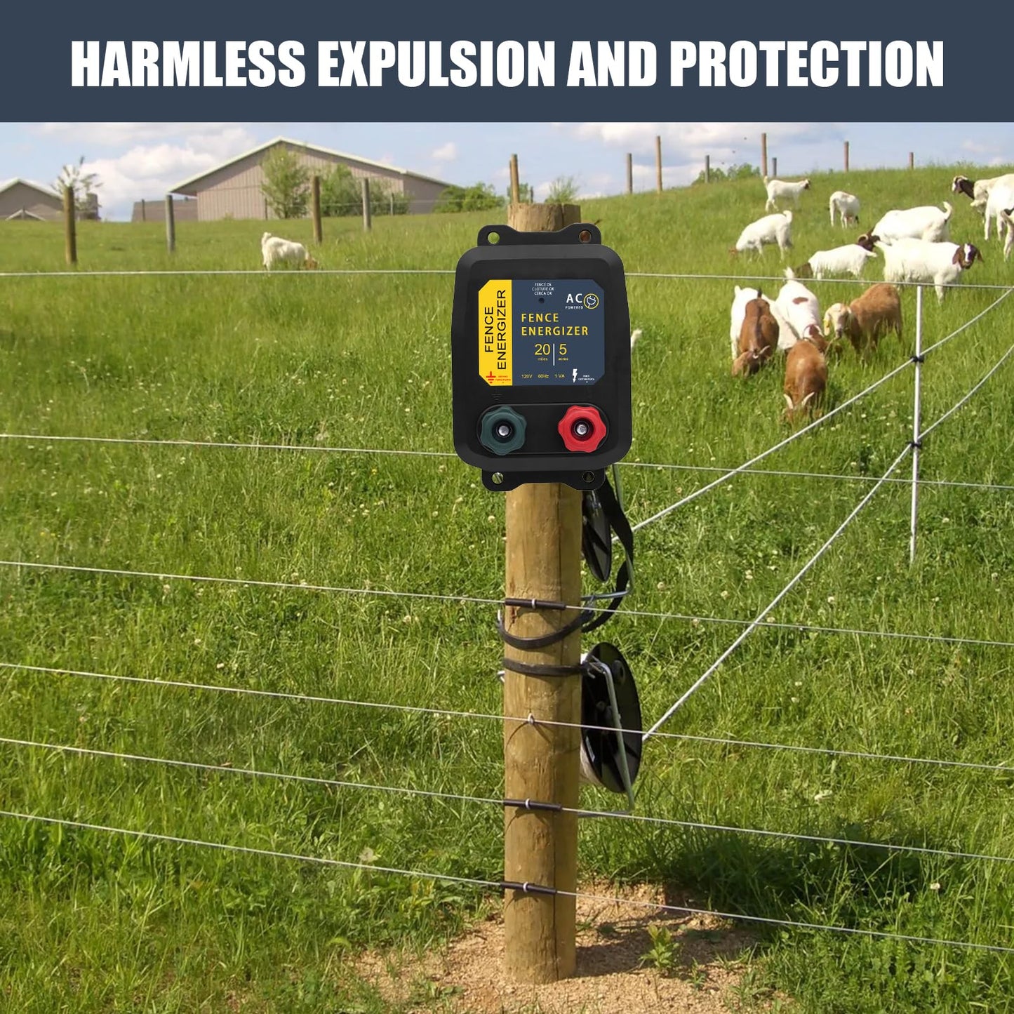 Electric Fence Energizer 5 Miles/ 20 Acres AC Powered 120 Volt, Plug-in Electric Fence Charger Output 0.2 Joule for Preventing Raccoons, Livestock, Squirrels, Chicken Coops, Skunks intruding