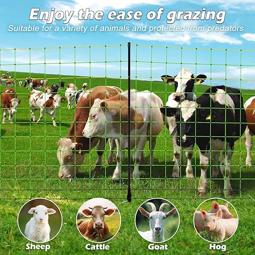 Electric Fence Netting, 35.4" x 164' Portable Electric Net Fence for Goats, Sheep, Lambs, Hogs in Backyards, Farms, Ranches, Homesteads and Gardens,(14 Posts, 2 Spikes,Green)