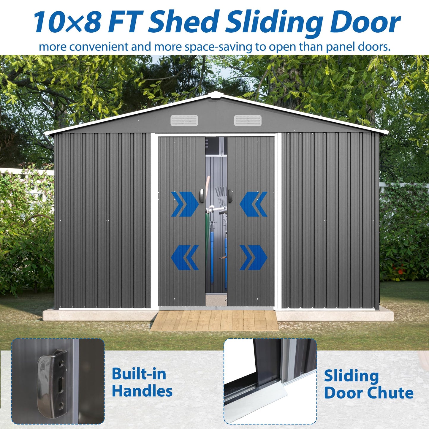 KEIKI Storage Shed 10x8 FT, Large Metal Tool Shed for Outdoor Storage, Galvanized Steel Garden Shed with Lockable Sliding Doors for Patio, Backyard, Lawn, Grey