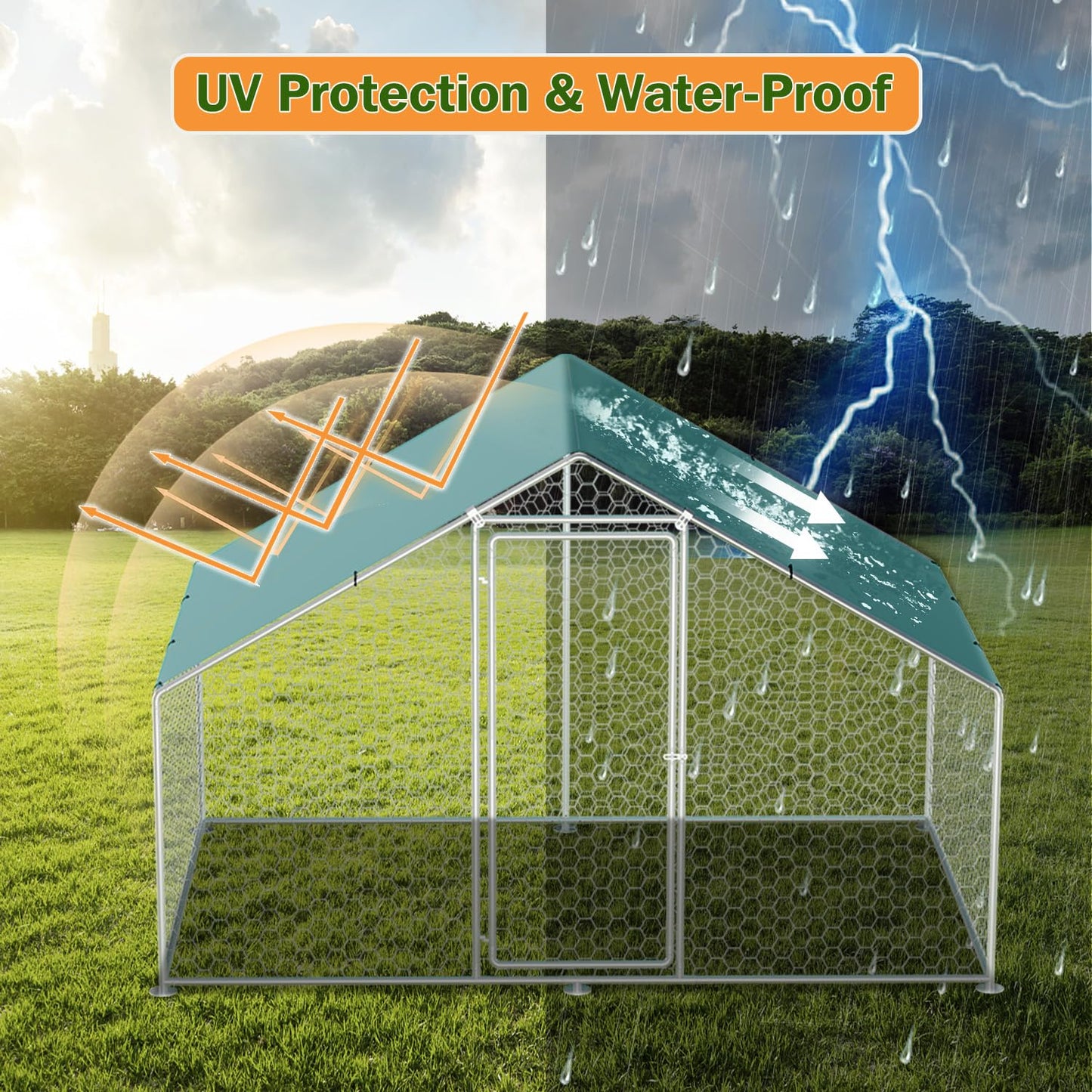 Vipbear Large Metal Chicken Coop Run with Immersed Wire Mesh, Chicken Coop for 8 Chickens Heavy Duty Chicken Run in for Yard with Waterproof Cover and Secure Lock,236'' L x 118''W x 77''H
