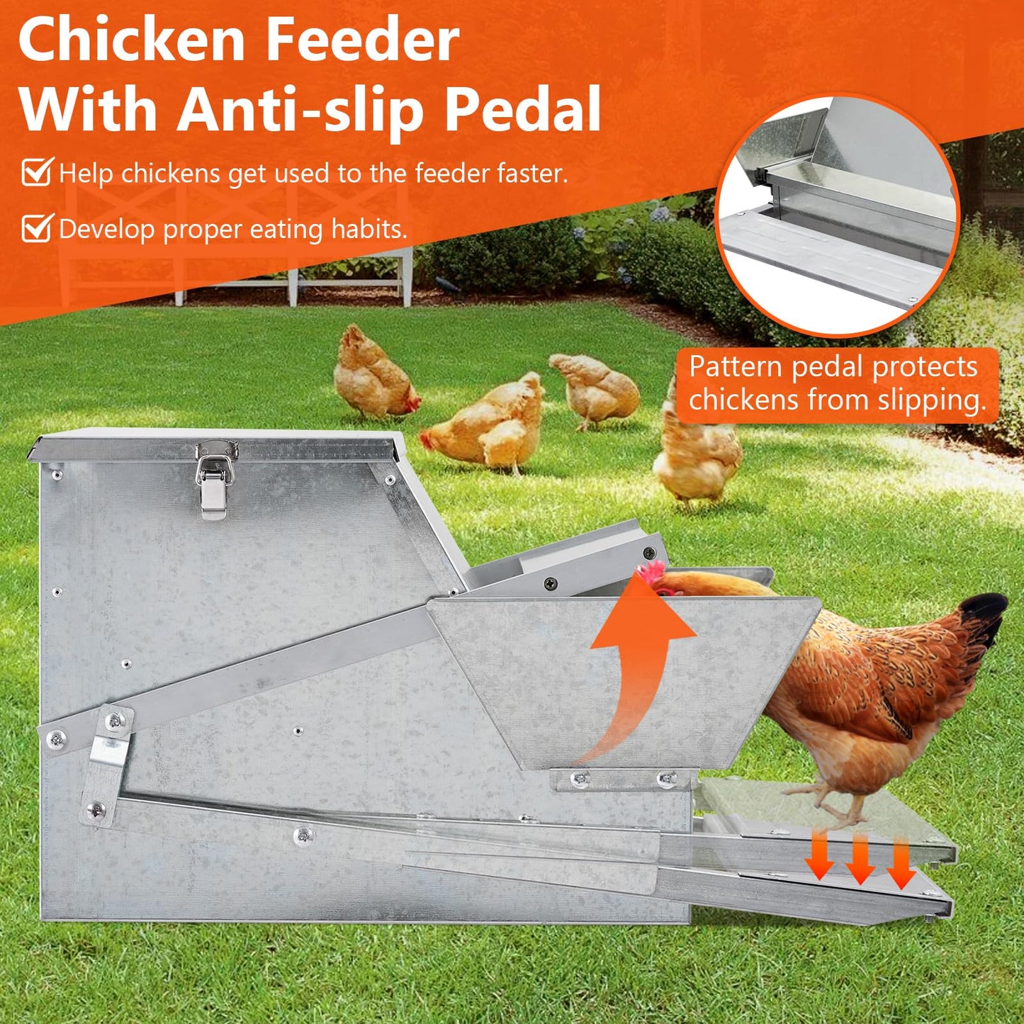 Automatic Chicken Treadle Feeder, 27 LB Large Galvanized Steel Poultry Feeder, Outdoor Use, No Waste, 10 Chickens for 11 Days, Metal Chicken Feeder Kit Suits Duck, Bantams, Pheasants