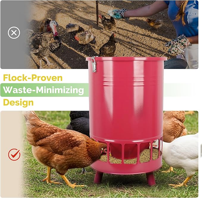 Solution4Patio 50LB No-Waste Chicken Feeder, Large Capacity Gravity Dispenser with Spill Control & 16 Feeding Ports Poultry Feeder for Outdoors & Hen Coop (Red)
