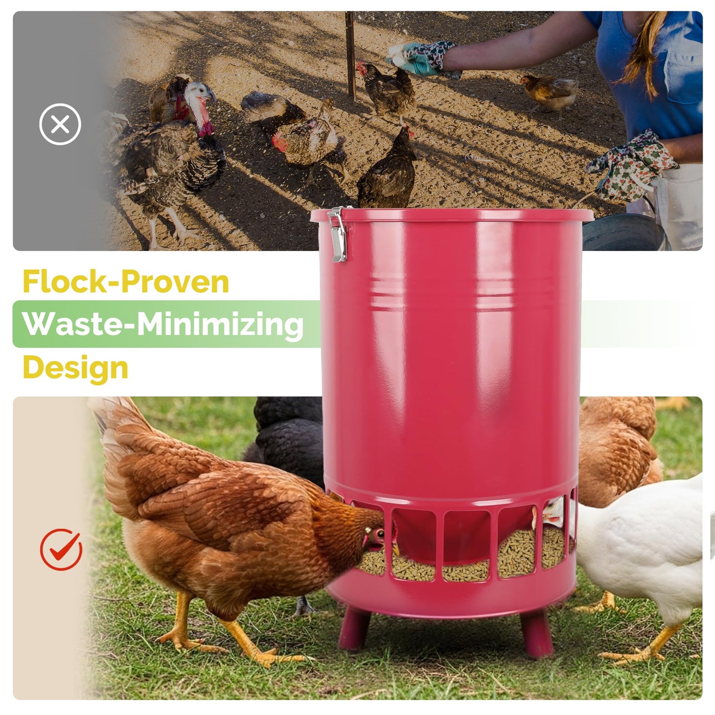 Solution4Patio 50LB No-Waste Chicken Feeder, Large Capacity Gravity Dispenser with Spill Control & 16 Feeding Ports Poultry Feeder for Outdoors & Hen Coop (Red)