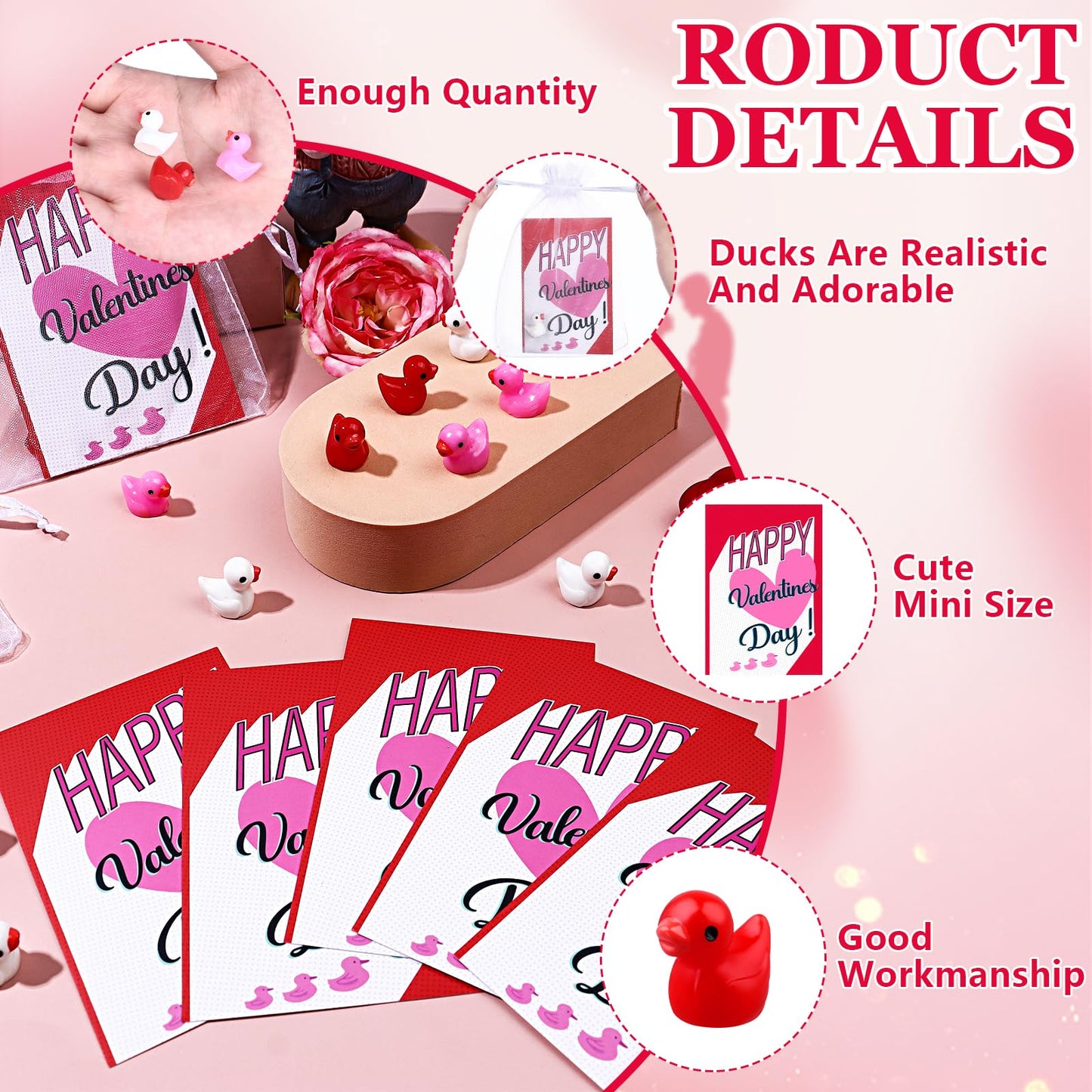 Youdaju 200 Pcs Valentine's Day Mini Resin Duck Figurines Cute Ducks Miniature Fairy Garden Ducks with Card Organza Bag Micro Dollhouse Decor Charms Beads for Garden DIY Landscape Aquarium Home