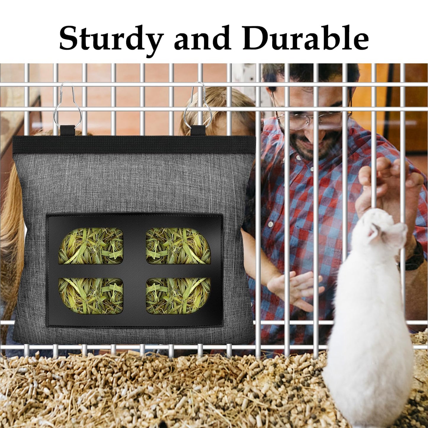 Rabbit Hay Feeder.Guinea Pig Hay Feeder.Bunny Hay Feeder.Rabbit Hay Feeder Bag, Bunny Hay Bag for Rabbits,4 Holes Rabbit Hay Feeder Fabric Bag (Gray)