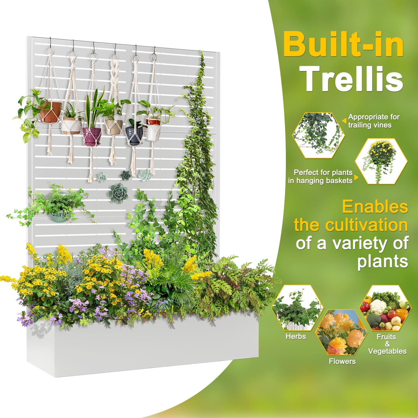 FENCY Metal Raised Garden Bed with Trellis, Metal Planter Box with Trellis, Garden Box for Climbing Plants Vegetable, 47" Lx16 Wx71 H Garden Bed with Drainage Holes(White-Louvered)