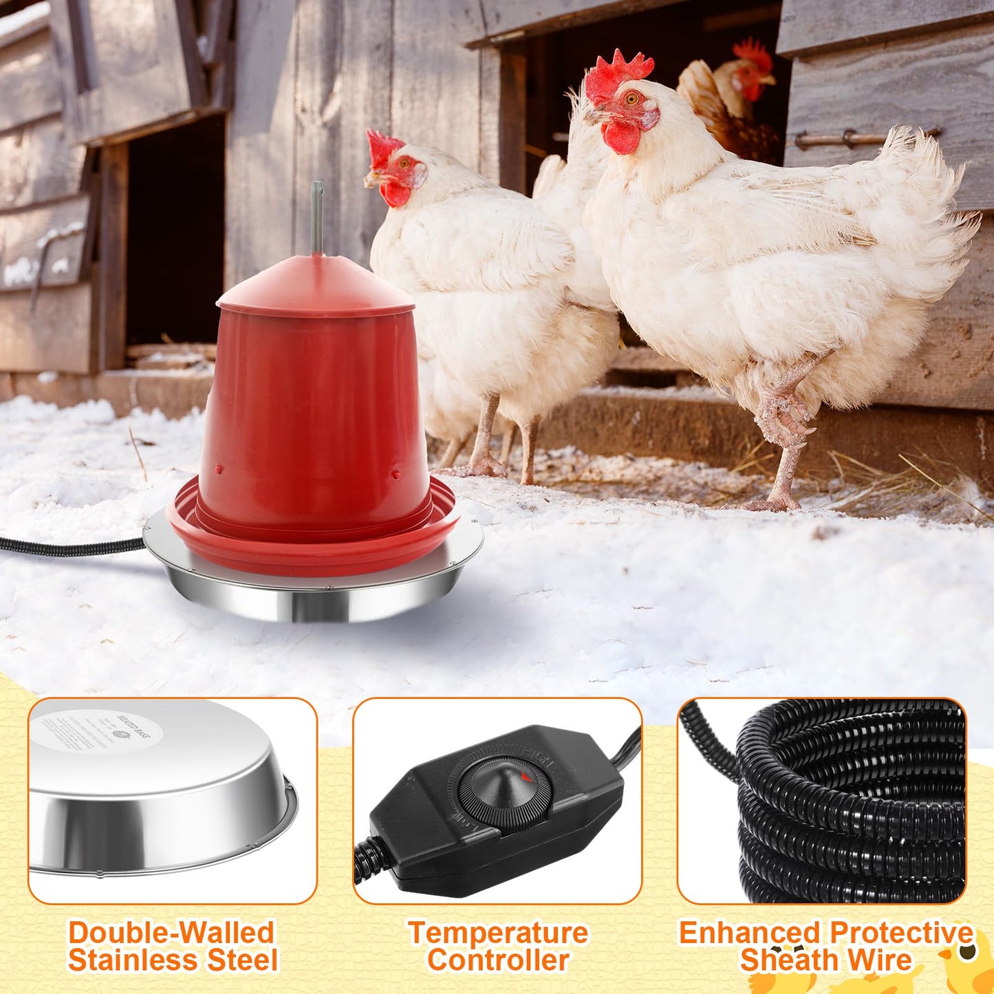 VIHOSE 2 Pcs Chicken Heater Set 1 PC Adjustable Chicken Coop Heater 77℉ to 200℉ 1 PC Stainless Steel Poultry Waterer Heated Base Radiant Heat House Heater