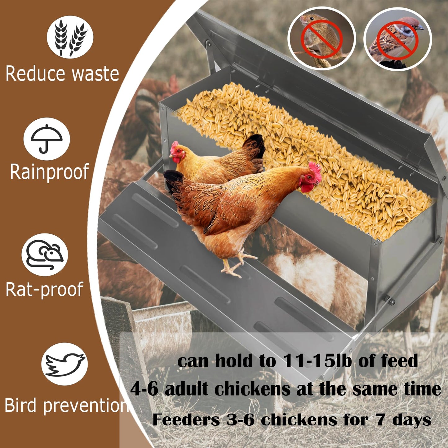 kathson Automatic Treadle Chicken Feeder,11lbs Pedal Chicken Feeder Rat Proof Poultry Feeder with Rainproof Lid Stainless Steel Treadle Feeder for Chickens Pheasants Ducks