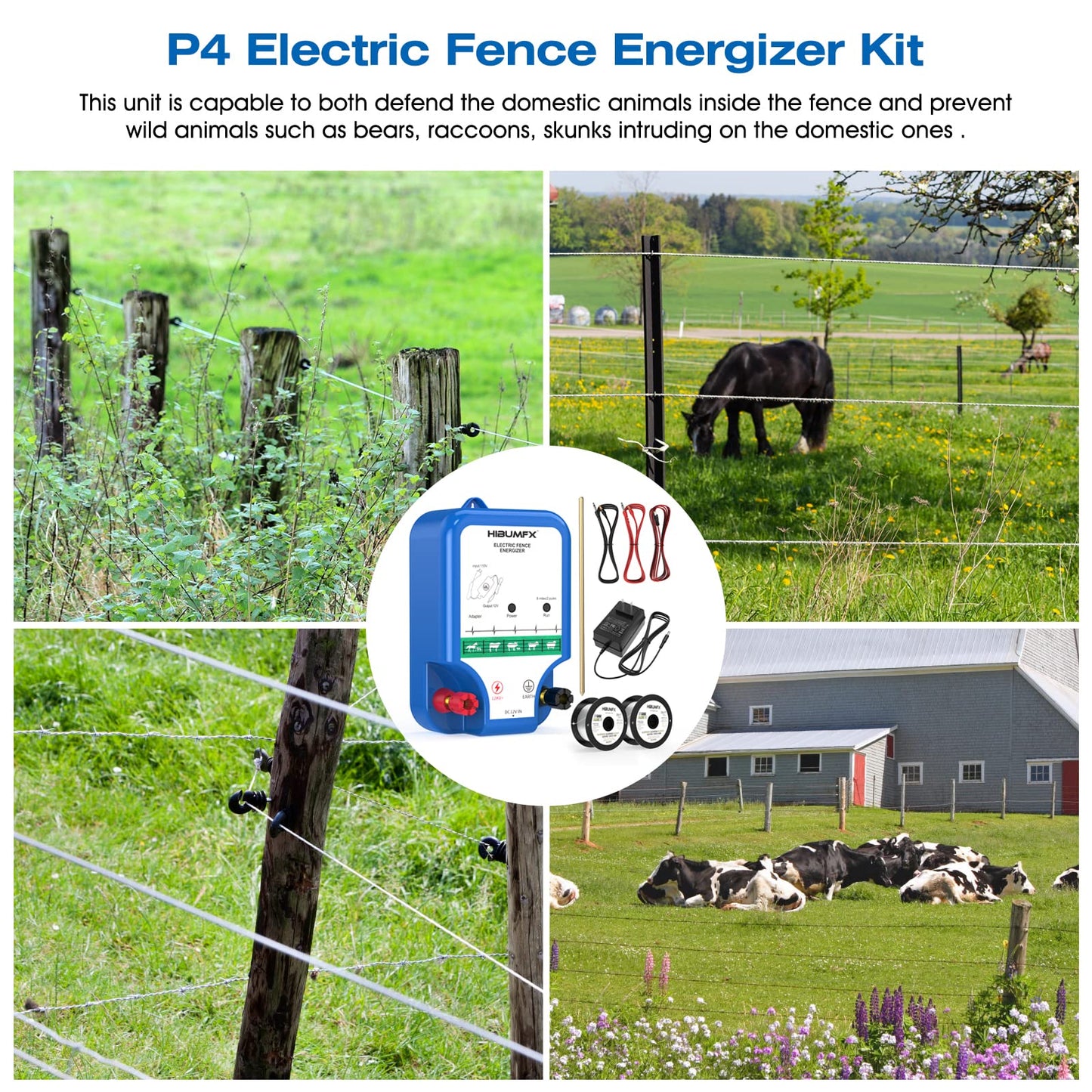 HIBUMFX P4 Plus Electric Fence Energizer Plus Copper Ground Rod and Spool Aluminum Wire for Containing Dogs, Livestock and Preventing Wild Animals Intruding (P4 Plus Electric Fence Energizer Kit)