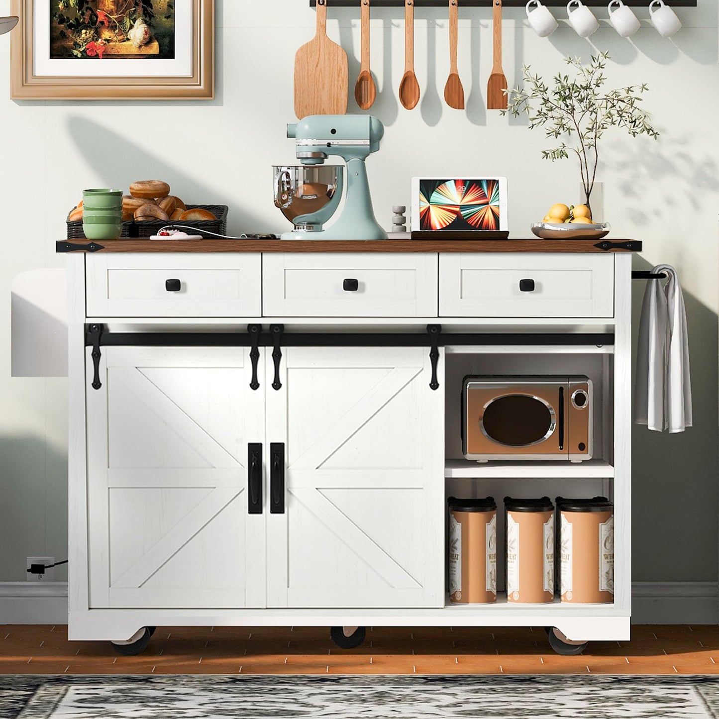 Ball & Cast Farmhouse Kitchen Island Cart with Power Outlet,2 Sliding Barn Doors,3 Adjustable Shelves,Dining Storage Island W/Drop Leaf,Spice Rack,Rolling Cart on Wheels,for Kitchen,Dining Room,White