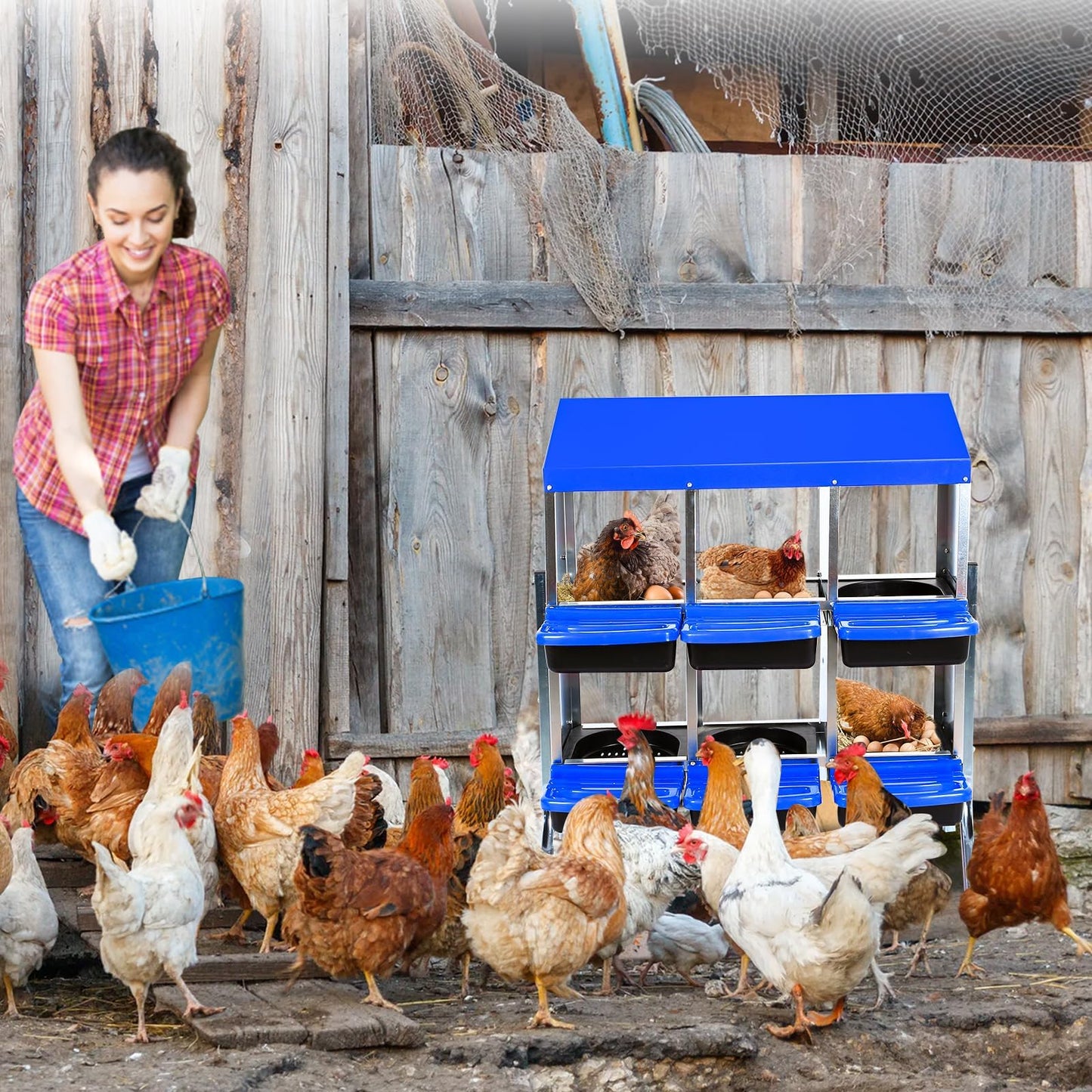 Chicken Nesting Box, 6 Hole 2 Layer Hen Nest Boxes with Legs, Roll Away Eggs Laying Boxes,Cleanable Pull Out Hen Roosting Boxes