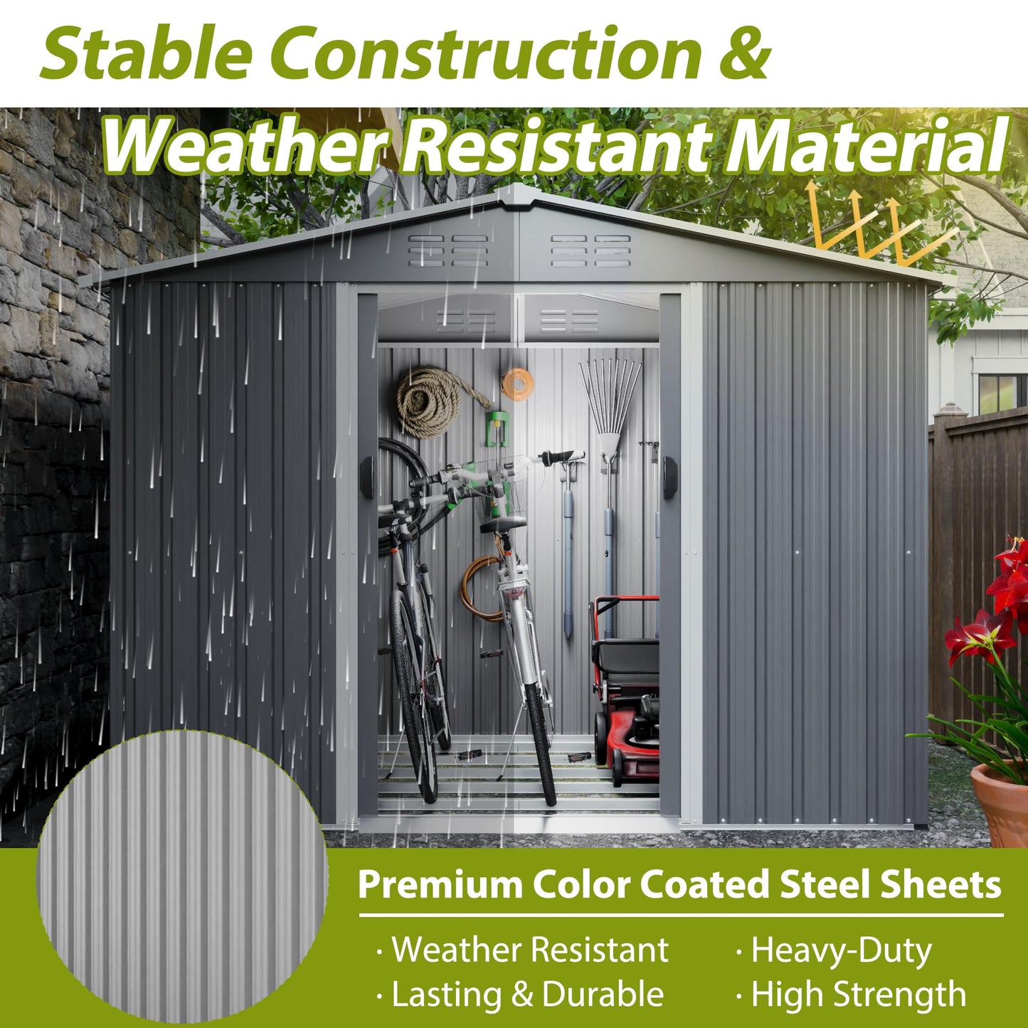 KEIKI Storage Shed 8x6 FT, Large Metal Tool Shed for Outdoor Storage, Galvanized Steel Garden Shed with Floor & Lockable Sliding Doors for Patio, Backyard, Lawn, Grey