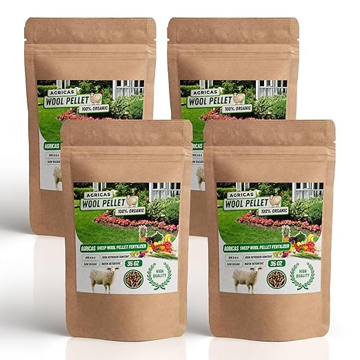 Wool Pellet Organic Fertilizer (4 * 35 oz), Made of Sheep Wool, Water Holding, Enhances Soil Health, Ideal for Fruits, Vegetables, Flowers, Indoor and Outdoor Plants - 4 Pack