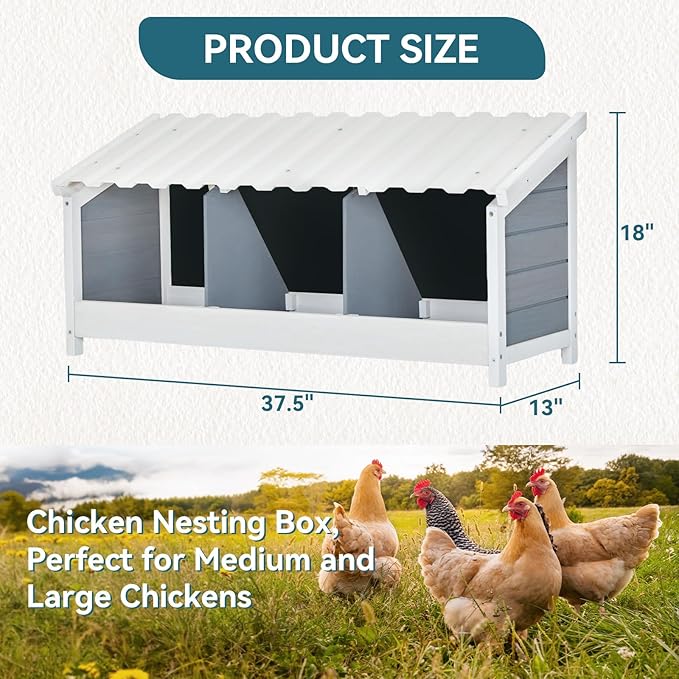 PETSFIT 3 Holes Chicken Nesting Box-All Weather PVC Roof, Natural Wood Design with Privacy Back Panel for Hens-Wall Mounted or Floor Use in Coops, Farms, Backyards,Easy to Assemble and Clean