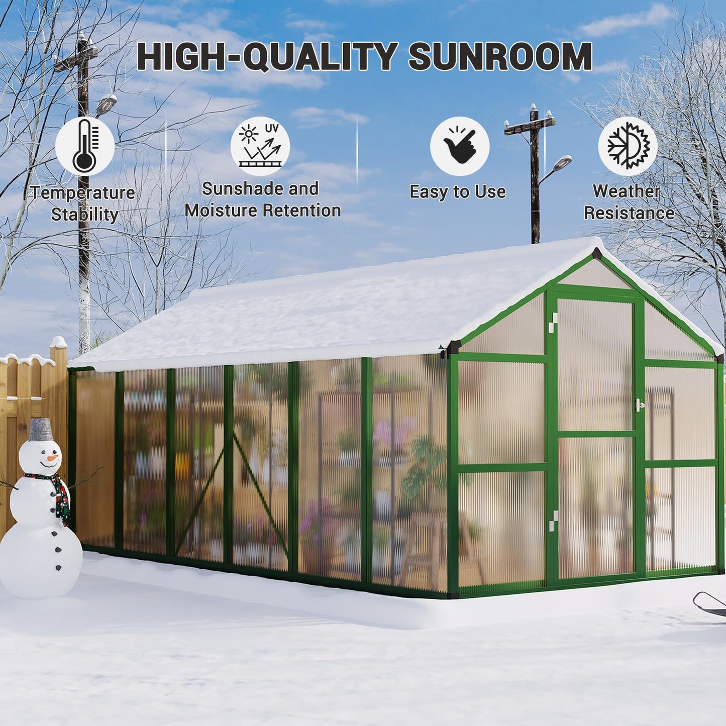 8x12 FT Polycarbonate Greenhouse with Roof Vent - Large Aluminum Walk-in Greenhouse Kit for Gardening, Backyard, Patio, Lawn - Easy Assembly