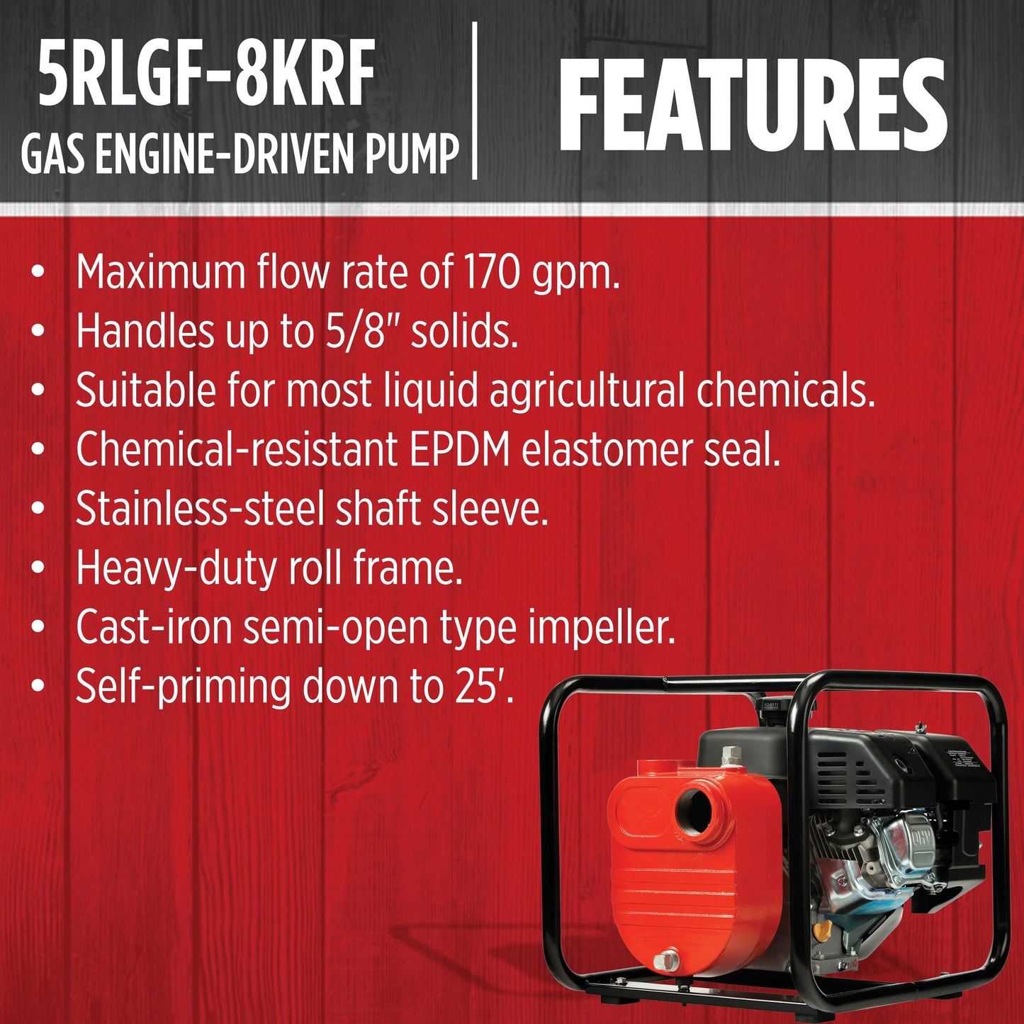 Red Lion 5RLGF-8KRF 196cc, 170 GPM, Cast Iron Kohler Gas Engine-Driven Agricultural Chemical Transfer Pump, Red, 617032