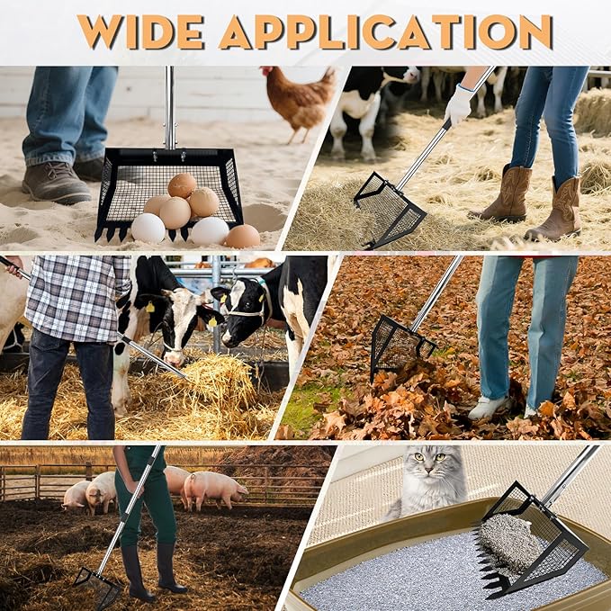 Chicken Poop Scooper and Rake 2-in-1, 10” Wide Metal Coop Scoop for Sand Sifting Shovel with 22" to 62” Adjustable Stainless Steel Handle, Cleaning Tools for Chicken Coops & Farm Animals Scoop