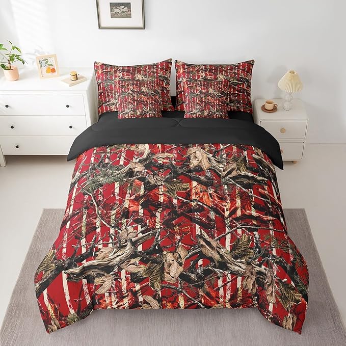 Feelyou Tree Branches 7 Pieces Bedding Set, for Kids Wild Hunting Leaf Bed Set Twin Size Botanical Tree Bed in a Bag with Comforter, Sheets, Pillowcases Bedroom Decor Nature Theme Red Brown