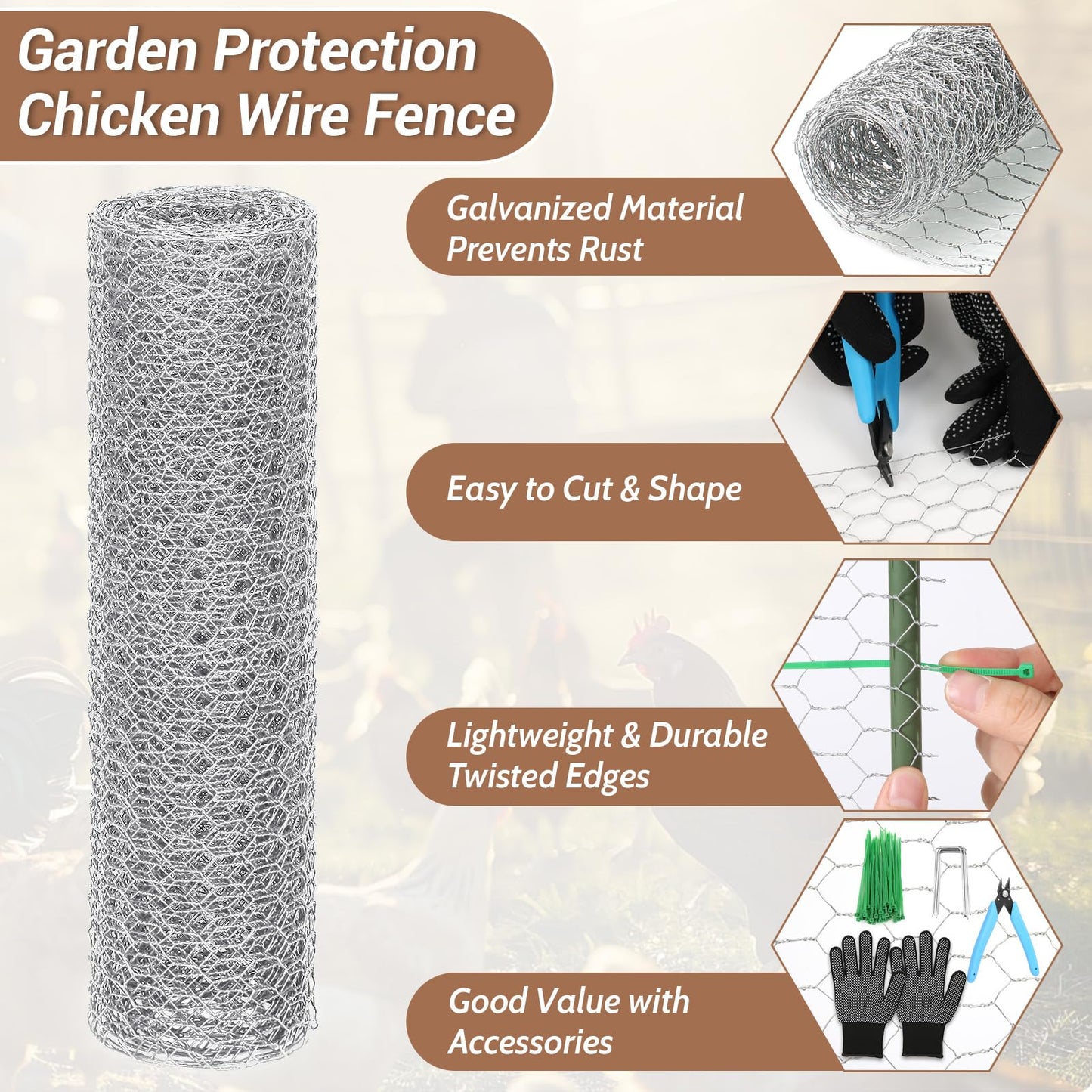 Floral Chicken Wire for Craft, 15.7 Inch x 10 FT Lightweight Galvanized Hexagonal Chicken Wire Netting, Silver Chicken Wire Fence for Garden Poultry Chicken Wire Mesh with Gloves, Wire Ties, Plier