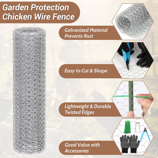 Floral Chicken Wire for Craft, 15.7 Inch x 10 FT Lightweight Galvanized Hexagonal Chicken Wire Netting, Silver Chicken Wire Fence for Garden Poultry Chicken Wire Mesh with Gloves, Wire Ties, Plier