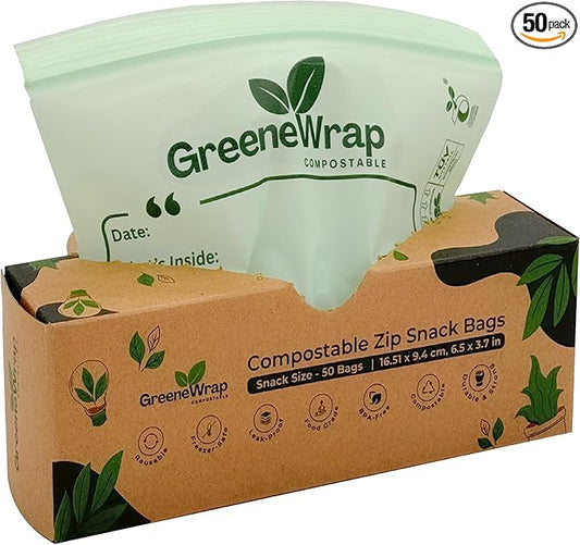 Compostable Snack Size Zip Bags 50 Count Extra Thick 2 mil Resealable, Leak-Proof, Freezer Safe Disposable Food Storage Bags, BPI and OK Compost Home Certified, ASTM D6400