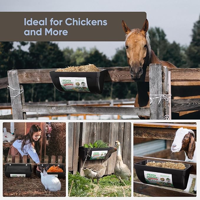 4 Pack Goat Feeders Hanging, Chicken Feeder, with Clips Hanging Fence Feeders, 4.5 Quart Feed Buckets for Horses, Duck Feeder, Chicken Water Feeder, Poultry Feeding Trough