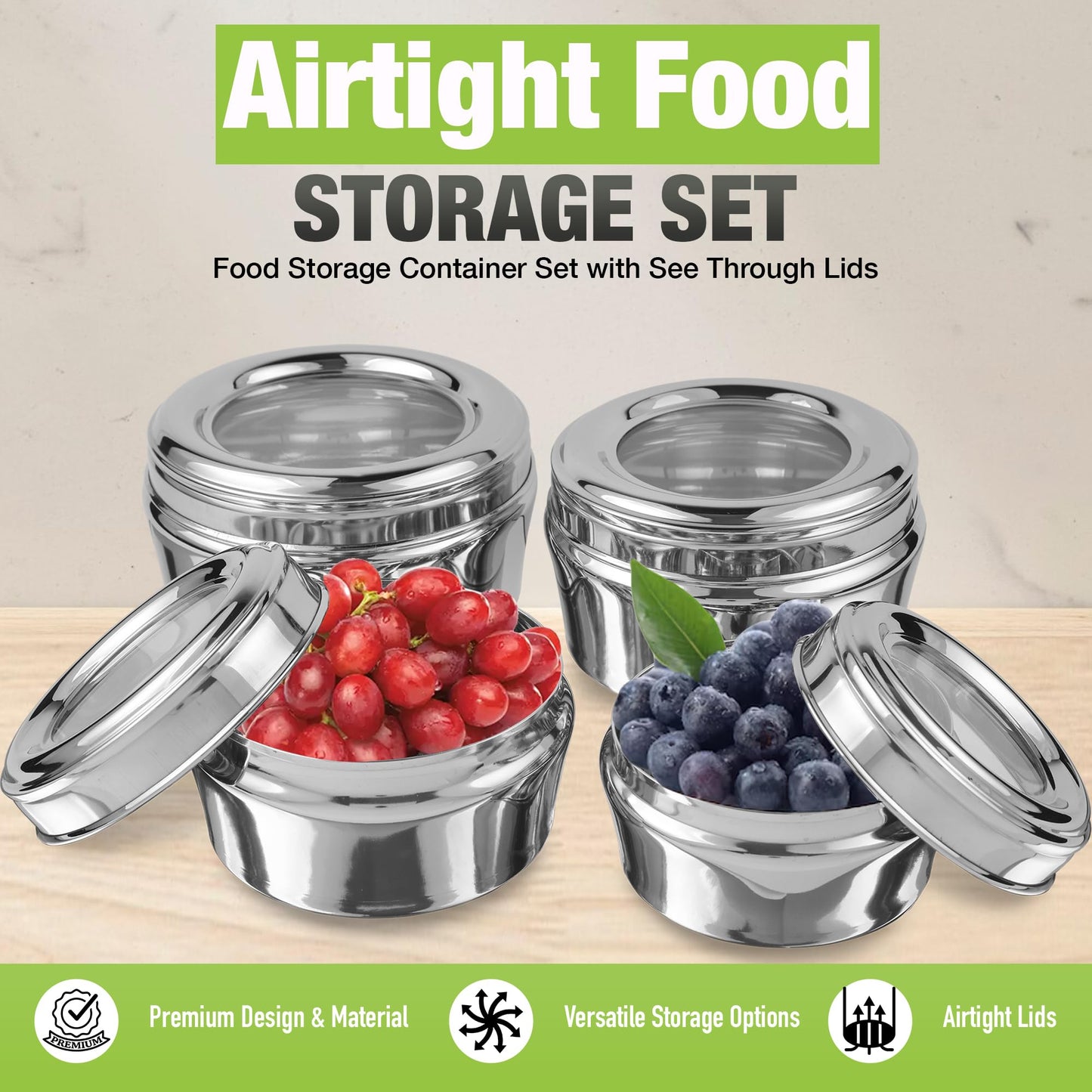 KSJONE Stainless Steel Airtight Food Storage Containers with See Through Lid Dry fruits Storage Box, Perfect For Camping Trips, Lunches, Leftovers, Salads (30 Oz, 24 Oz, 17 Oz, 12 Oz)